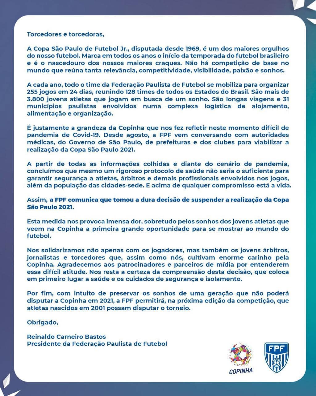 Comunicado sobre a Copa São Paulo de Futebol Júnior 2021